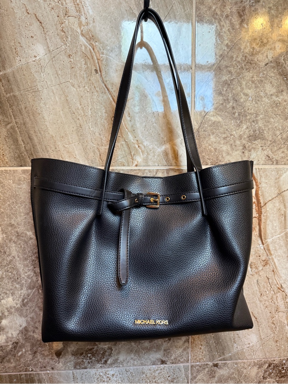 Michael Kors Black Pebbled Leather Shoulder Tote with Gold Hardware - Picture 3 of 5